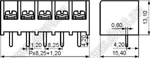 HB825-8.25-18P-13 клеммник барьерный, выводы прямые в плату; шаг=8,25мм; I max=20/24А (стандарт UL/ICT); U=300/450В (стандарт UL/ICT); 18-конт.