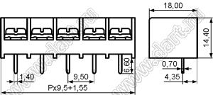 HB9500-9.5-11P-13 клеммник барьерный, выводы прямые в плату; шаг=9,5мм; I max=30/32А (стандарт UL/ICT); U=300/750В (стандарт UL/ICT); 11-конт.