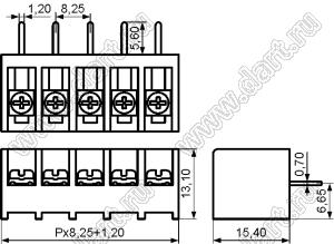 HB825B-8.25-21P-13 клеммник барьерный, выводы угловые в плату; шаг=8,25мм; I max=20/24А (стандарт UL/ICT); U=300/450В (стандарт UL/ICT); 21-конт.