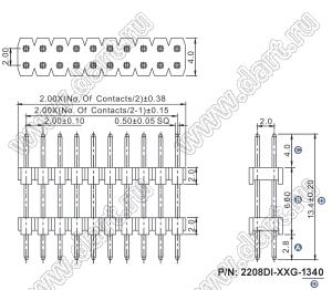 2208DI-80G-1340 (2x40) вилка открытая прямая двухрядная с двойным изолятором на плату для монтажа в отверстия, шаг 2,00 x 2,00 мм, А=2,8мм, В=6,6мм, С=4,0мм, 2х40 конт.