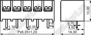 HB611-6.35-23P-13 клеммник барьерный, выводы прямые в плату; шаг=6,35мм; I max=20/24А (стандарт UL/ICT); U=300/450В (стандарт UL/ICT); 23-конт.