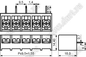 HB9500B-18P-13 клеммник барьерный на плату угловой; шаг=9,5мм; I max=30/32А (стандарт UL/ICT); U=300/750В (стандарт UL/ICT); 18-позиц.