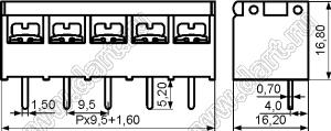 HB9500SS-05P-13 клеммник барьерный на плату прямой с крышкой; шаг=9,5мм; I max=30/32А (стандарт UL/ICT); U=300/750В (стандарт UL/ICT); 5-позиц.