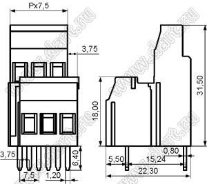 KF129-7.50-02P-14 клеммник винтовой, однорядный, прямой; шаг=7,50мм; H=18,30мм; I max=20/24А; U=300/450В; 2-конт.