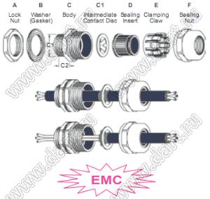 EMC-FBA60-46 кабельный ввод EMC; 46-40мм; C1=59,614мм; латунь никелированная