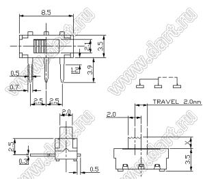 MK-12D13G2 (MSS-22D19-2H) переключатель движковый 1P2T миниатюрный; I=0,3А; U=6В