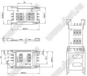 SIM-2.54-1-6P (KSI-06211-AP/SCR-06-HC/C0612-06DAJB00R/ICA-501-006-01-F7) T/R держатель SIM карты с откидной крышкой; 6-конт. в ленте на катушке