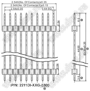 2211DI-02G-5300 (KLS1-218-1-2-S-3.0*6.0*53.0) вилка штыревая открытая прямая с двойным изолятором однорядная на плату для монтажа в отверстия; P=2,54мм; 2-конт.; L=53,0мм