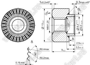 BONR-M8D13H2.5Z втулка резьбовая развальцовочная (бонка) сквозная М8x1,25; H=6,5мм; сталь оцинкованная; H=6,5мм