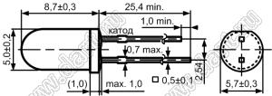 5003R1C-CSB-B светодиод круглый 5 мм; красный; 620...635нм; корпус прозрачный; 1,9...2,3V; 1000...2500мКд; 25-30°