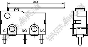 KW11-3Z-51DB1B (SM3-01P, SM5-01P) микропереключатель концевой в плату с рычагом 14мм