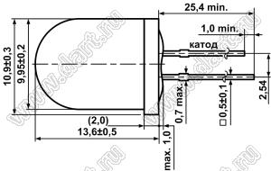 DB10-132 светодиод круглый 10 мм; красный; 658…700нм; корпус прозрачный; 1,9...2,1V; 2мКд; 50°