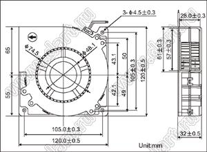 DF12032D12H вентилятор центробежный постоянного тока; U=12В; 120x120x32мм