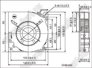 DF12032S12HH вентилятор центробежный постоянного тока; U=12В; 120x120x32мм