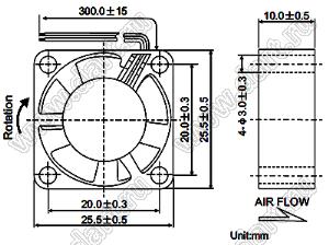 DF25S12L вентилятор осевой постоянного тока; 25x25x10мм; U=12В; Iн=0,08А; два подшипника скольжения
