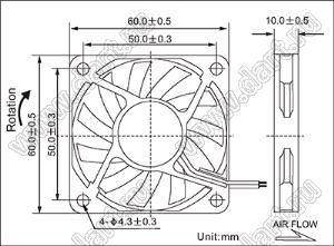 DF61S24H вентилятор осевой постоянного тока; 60x60x10мм; U=24В; Iн=0,12А; два подшипника скольжения