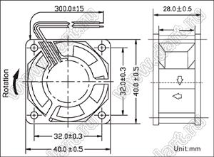 DF48B24M вентилятор осевой постоянного тока; 40x40x28мм; U=24В; Iн=0,18А; два подшипника качения