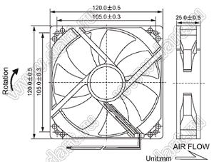 DF12D12VH вентилятор осевой постоянного тока; 120x120x25мм; U=12В; Iн=0,55А; подшипник качения и подшипник скольжения