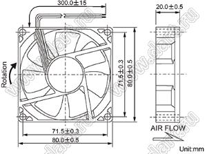 DF82S12M（F8025D12∨S） вентилятор осевой постоянного тока; 80x80x20мм; U=12В; Iн=0,18А; два подшипника скольжения