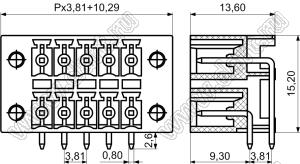 KF2EDGKRM-3.81-2x8P-14 вилка угловая двухрядная на плату с закладными гайками; шаг=3,81мм; I max=8/7А (UL/ICT); U=300/250В (UL/ICT); 16-конт.