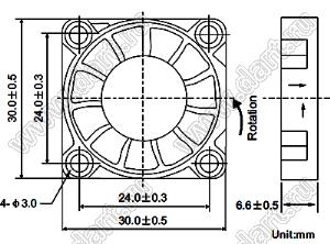 DF30B12L вентилятор осевой постоянного тока; 30x30x6,6мм; U=12В; Iн=0,06А; два подшипника качения