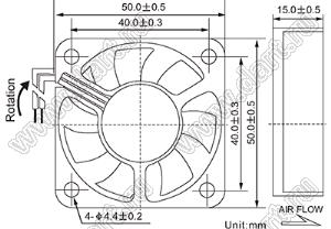 DF51D12L вентилятор осевой постоянного тока; 50x50x15мм; U=12В; Iн=0,10А; подшипник качения и подшипник скольжения