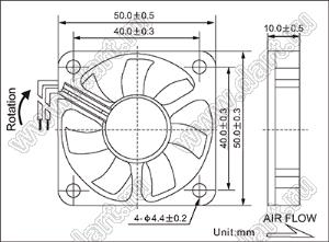 DF50B24L вентилятор осевой постоянного тока; 50x50x10мм; U=24В; Iн=0,05А; два подшипника качения