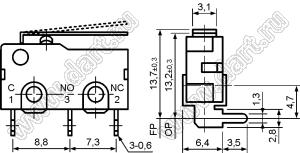 KW11-3Z-51DB1B (SM3-01D, SM5-01D) микропереключатель концевой угловой в плату с рычагом 14мм