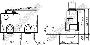 KW11-3Z-51CB1B (SM3-01C, SM5-01C) микропереключатель концевой угловой в плату с рычагом 14мм