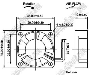 DF35D12L вентилятор осевой постоянного тока; 35x35x10мм; U=12В; Iн=0,08А; подшипник качения и подшипник скольжения