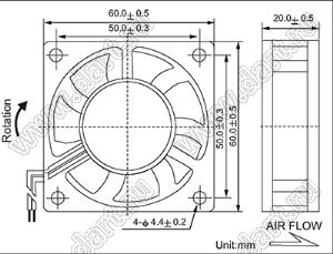 DF62B12L вентилятор осевой постоянного тока; 60x60x20мм; U=12В; Iн=0,10А; два подшипника качения