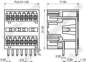 KF2EDGRH-2.5-04P-14 клеммник разъемный - вилка на плату; шаг=2,5мм; I max=4/5А (UL/ICT); U=125/130В (UL/ICT); 2x2-позиц.
