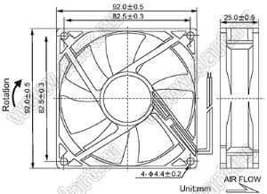 DF92S12L вентилятор осевой постоянного тока; 92x92x25мм; U=12В; Iн=0,10А; два подшипника скольжения