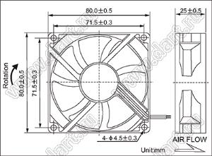 DF80B12M вентилятор осевой постоянного тока; 80x80x25мм; U=12В; Iн=0,15А; два подшипника качения