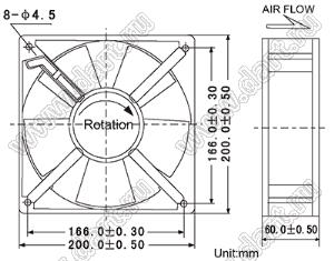 AF20060HA2BL вентилятор осевой переменного тока; U=220/240В; 200x200x60мм