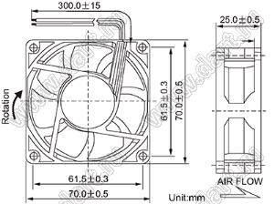 DF72S12L вентилятор осевой постоянного тока; 70x70x25мм; U=12В; Iн=0,13А; два подшипника скольжения