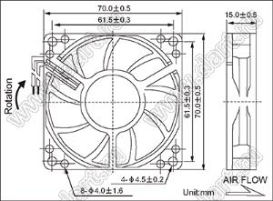 DF71B24M вентилятор осевой постоянного тока; 70x70x15мм; U=24В; Iн=0,15А; два подшипника качения