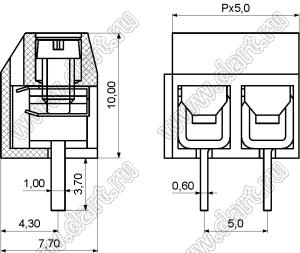 KF306-5.0-02P-12 клеммник винтовой, однорядный, прямой; шаг=5,00мм; H=10,00мм; I max=16/17А; U=300/250В; 2-конт.