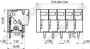 KF142V-5.08-01P-14 клеммник нажимной, однорядный, прямой; шаг=5,08мм; H=14,00мм; I max=10/15А; U=300/250В; 1-xx-конт.