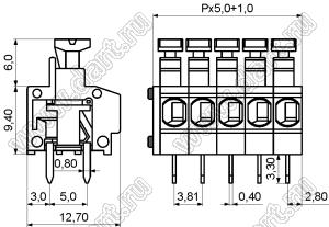 KF235-5.0-01P-11 (DG235-5.0-01P-11) клеммник нажимной; шаг=5мм; H=15,40мм; I max=5/10А; U=300/250В