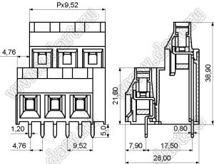 KF950B-9.52-03P-14 клеммник винтовой, двухрядный, прямой; шаг=9,52мм; H=38,90мм; I max=30/32А; U=300/750В; 3-конт.