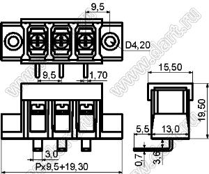 KF48RM-9.5-02P-13 (DG48R-A-02P-13) клеммник барьерный, выводы угловые в плату, корпус с монтажными ушами, с крышкой; шаг=9,5мм; I max=30/32А (стандарт UL/ICT); U=300/750В (стандарт UL/ICT); 2-