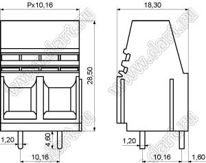 KFA-1016-10.16-02P-19 клеммник винтовой, однорядный, прямой; шаг=10,16мм; шаг=10,16мм; H=28,50мм; I max=65/57А (стандарт UL/ICT); U=300/650В (стандарт UL/ICT); 2-конт.