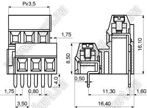 KF128A-3.5-02P-14 клеммник винтовой, двухрядный, прямой; шаг=3,5мм; I max=10/10А; U=300/130В; 2-конт.