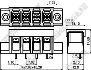 KF28SM-7.62-03P-13 (DG28S-A-03P-13) клеммник барьерный, выводы прямые в плату, корпус с монтажными ушами, с крышкой; шаг=7,62мм; I max=20/24А (стандарт UL/ICT); U=300/250В (стандарт UL/ICT); 3