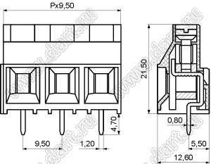 KF950-9.5-03P-14 клеммник винтовой, однорядный, прямой; шаг=9,50мм; H=21,50мм; I max=30/32А; U=300/750В; 3-конт.