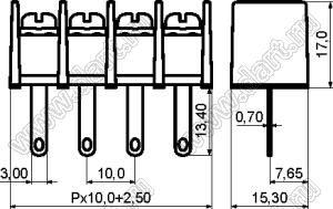 KF55H-10.0-21P-13 клеммник барьерный на провод; шаг 10мм; 21-позиц.; I max=30А; U=300В