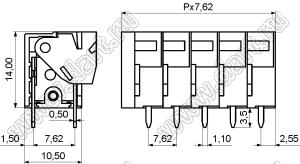 KF142V-7.62-01P-14 клеммник нажимной, однорядный, прямой; шаг=7,62мм; H=14,00мм; I max=10/15А; U=300/250В; 1-xx-конт.