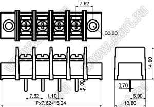 KF25CM-7.62-18P-13 (DG25C-A-18P-13) клеммник барьерный, выводы прямые в плату по центру сечения, корпус с монтажными ушами; шаг=7,62мм; I max=20/24А (стандарт UL/ICT); U=300/250В (стандарт UL/