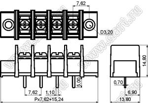 KF25CM-7.62-22P-13 (DG25C-A-22P-13) клеммник барьерный, выводы прямые в плату по центру сечения, корпус с монтажными ушами; шаг=7,62мм; I max=20/24А (стандарт UL/ICT); U=300/250В (стандарт UL/